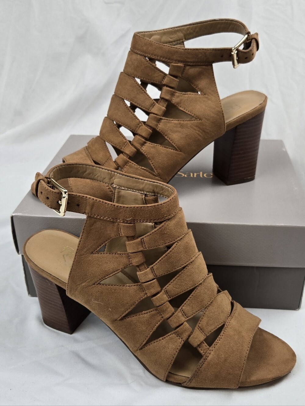 Franco Sarto Grady Suede Gladiator Block Heel Sandals Tan LT Cuoio Women's 9.5M